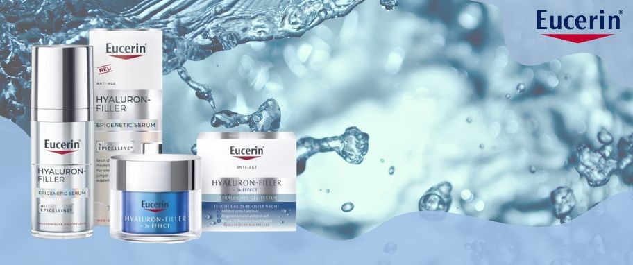 Arykuł banner - Eucerin Hyaluron-Filler: kremy na dzień i na noc do sk&oacute;ry suchej (także z SPF) redukujące oznaki starzenia się sk&oacute;ry. Poznaj r&oacute;wnież Eucerin Hyaluron Filler Elasticity: krem pod oczy i kremy do twarzy