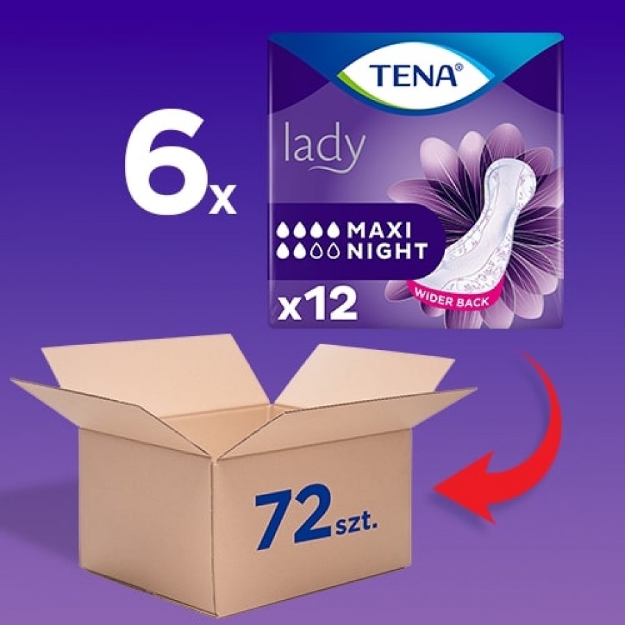 Miniaturka artykułu - #0 Zestaw TENA Lady Maxi Night Specjalistyczne podpaski na noc, 6 x 12 szt. - podpaski na nietrzymanie moczu dla kobiet