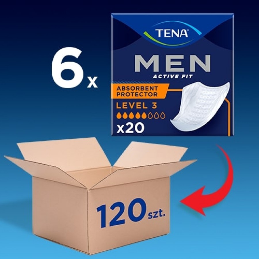 Miniaturka artykułu - #0 Zestaw TENA Men Active Fit Level 3 Wkładki anatomiczne dla mężczyzn przy średnim i ciężkim nietrzymaniu moczu, 6x 20 szt.