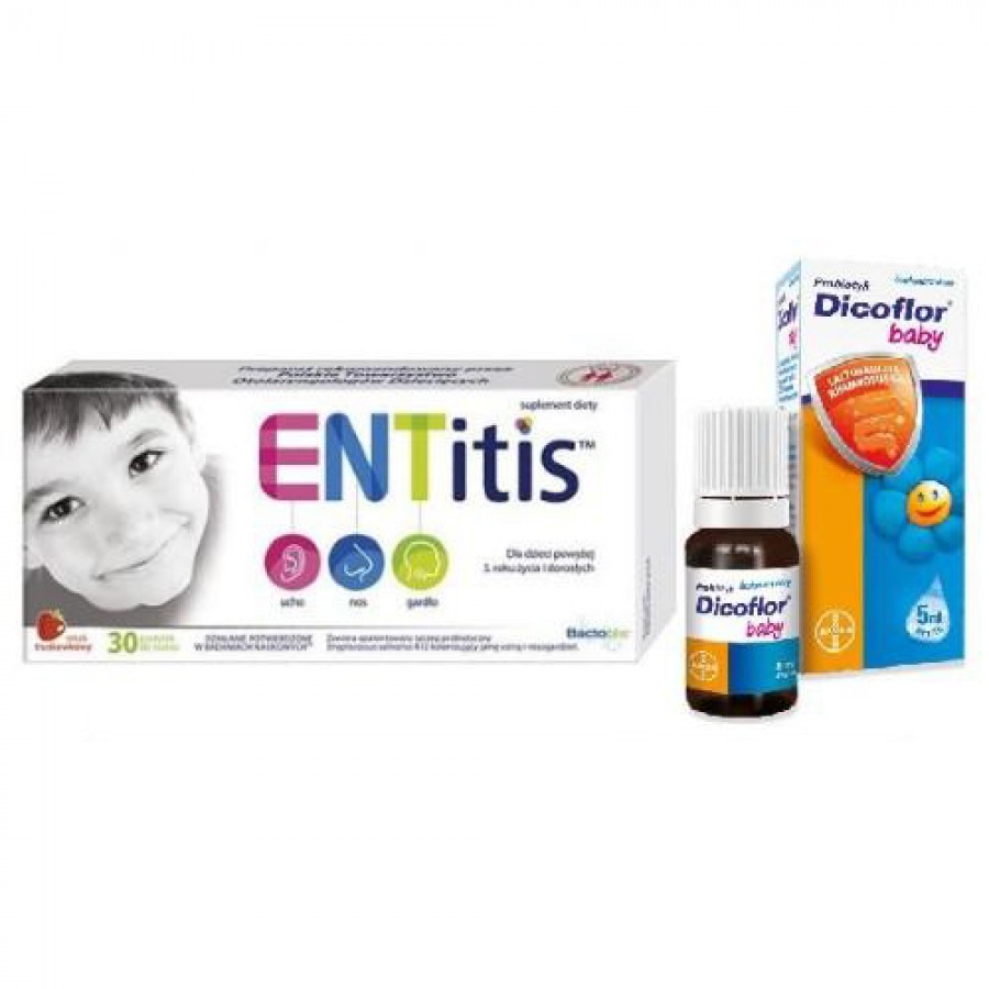 Miniaturka artykułu - #0 Zestaw ENTitis do ssania truskawkowy, 30pastylek + Dicoflor Baby krople, 5ml