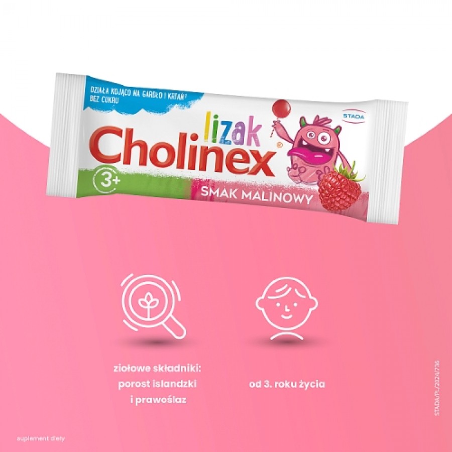 Zdjęcie produktu - 3 CHOLINEX lizak na b&oacute;l gardła BEZ CUKRU o smaku malinowym, 50szt.