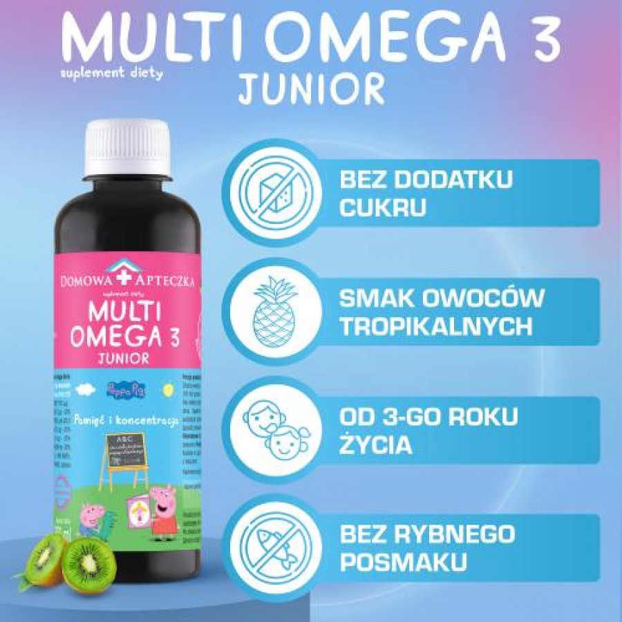 Zdjęcie produktu - 2 DOMOWA APTECZKA Tran Multiomega 3 Junior owoce tropikalne, 250ml