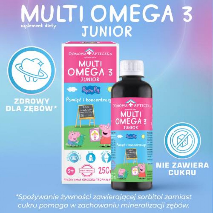Zdjęcie produktu - 4 DOMOWA APTECZKA Tran Multiomega 3 Junior owoce tropikalne, 250ml