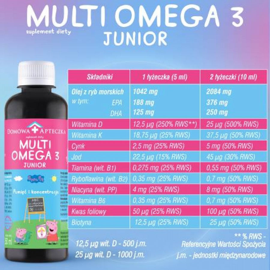Zdjęcie produktu - 5 DOMOWA APTECZKA Tran Multiomega 3 Junior owoce tropikalne, 250ml