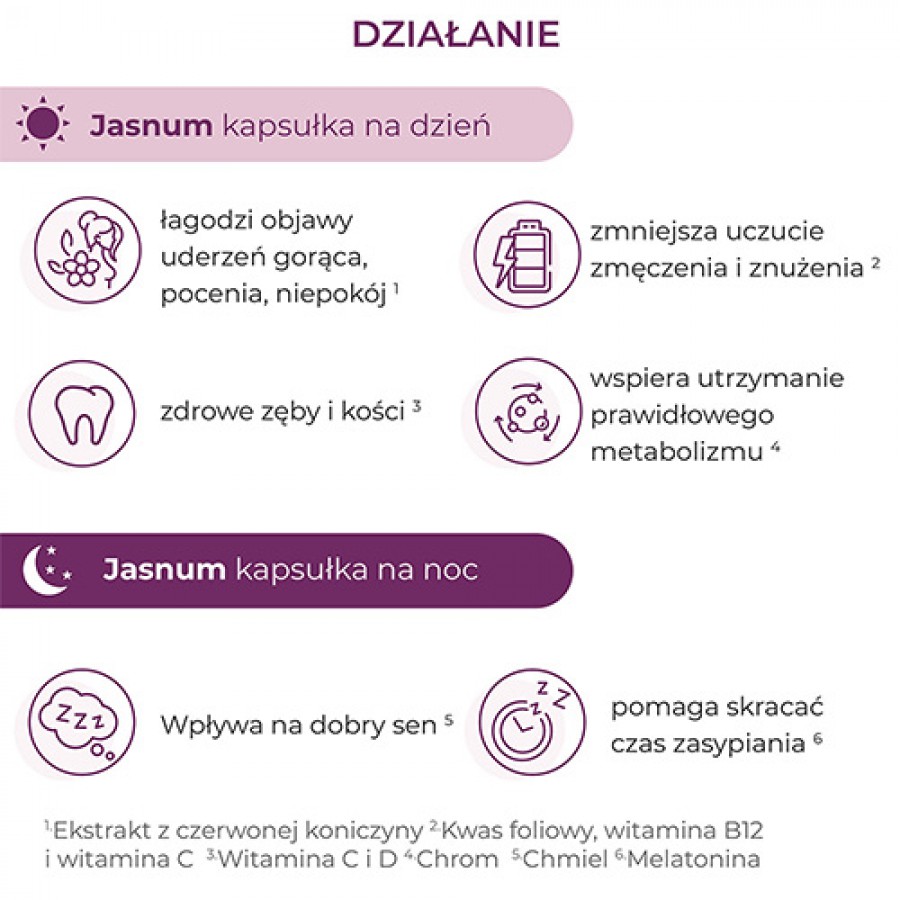 Miniaturka artykułu - #1 Jasnum, 30 kaps. na dzień + 30 kaps. na noc - suplement diety dla kobiet w okresie menopauzy