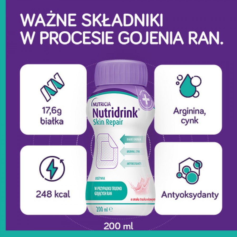 Zdjęcie produktu - 3 Zestaw 6x Nutridrink Skin Repair truskawka, 4x200ml (dawniej Cubitan)