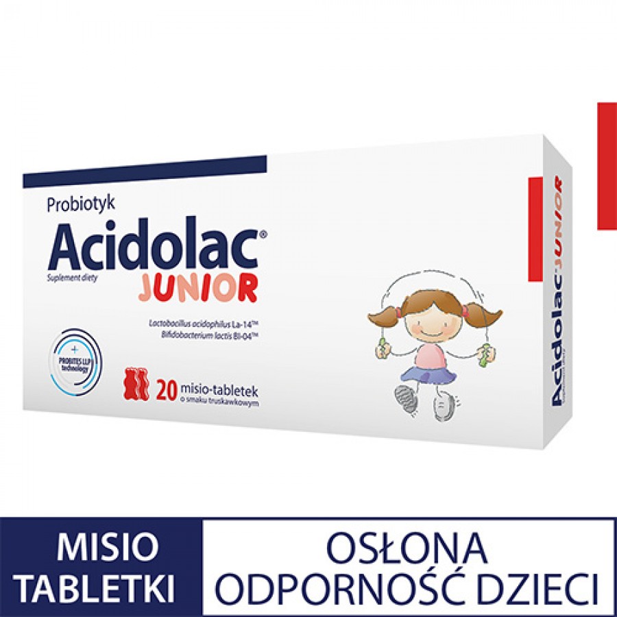 Miniaturka artykułu - #0 ACIDOLAC JUNIOR Probiotyk o smaku truskawkowym, 20 misio-tabletek