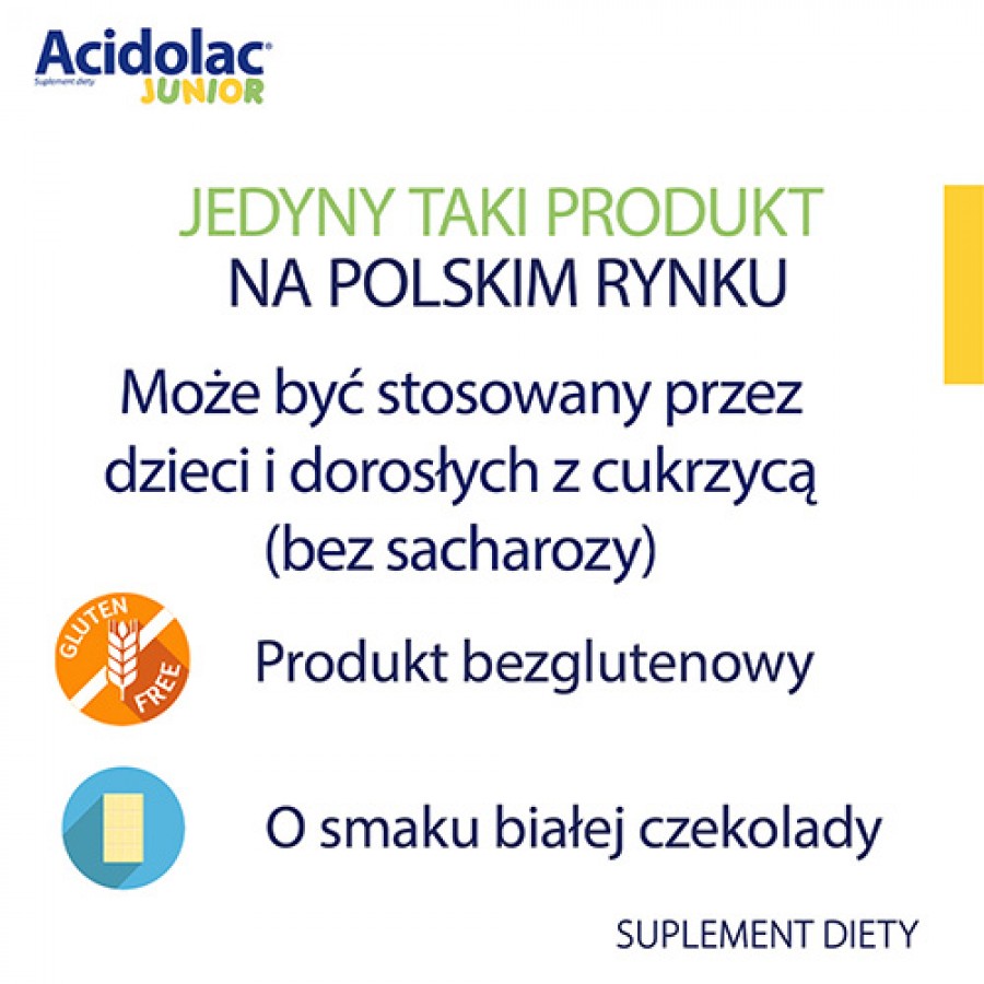 Zdjęcie produktu - 3 Acidolac Junior o smaku białej czekolady, 20 tabletek