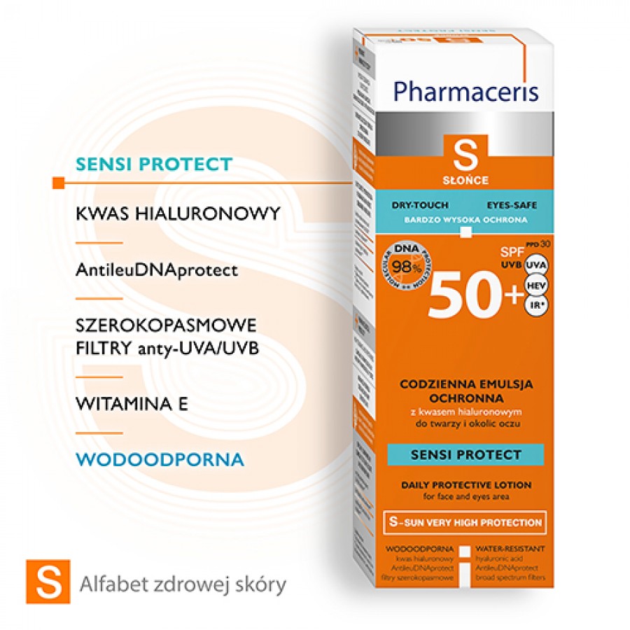 Miniaturka artykułu - #1 PHARMACERIS S SENSI PROTECT Codzienna Emulsja ochronna z kwasem hialuronowym do twarzy i okolic oczu SPF 50+, 50ml