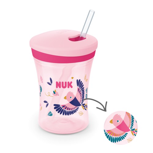 Miniaturka artykułu - #0 NUK Action Cup Kubek niekapek z silikonową słomką 12m+ r&oacute;żowy, 230ml