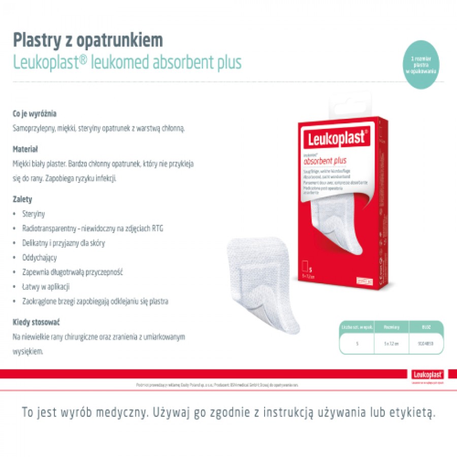 Zdjęcie produktu - 2 Leukoplast Leukomed Absorbent Plus Plastry 5x7,2cm, 5 sztuk