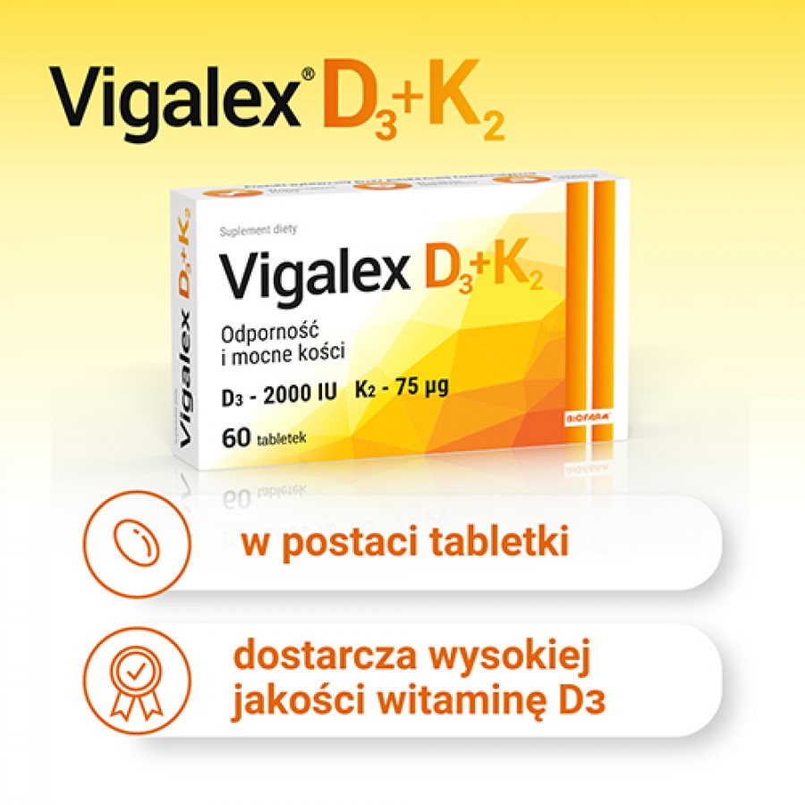 Zdjęcie produktu - 2 Vigalex D3+K2 D3 - 2000 IU, K2 - 75uq, 60 tabletek