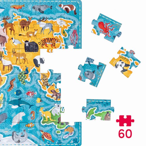 Miniaturka artykułu - #0 CzuCzu Puzzlove. Zwierzęta Mapa Świata. Puzzle 60 element&oacute;w dla dzieci 4+