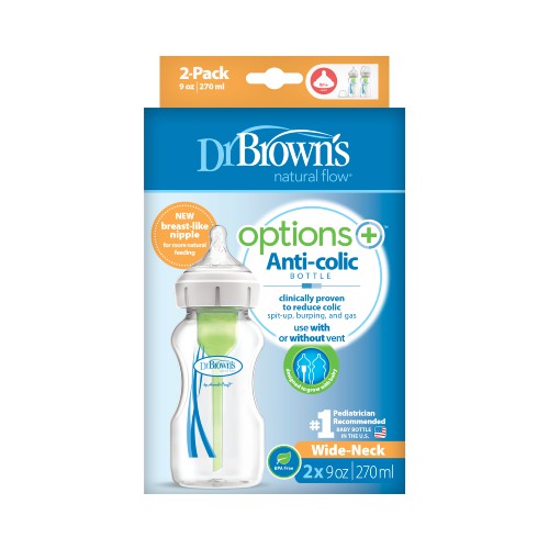 Zdjęcie produktu - 0 Dr Brown's Options+ Butelka antykolkowa z szeroką szyjką 0m+ 270ml 2szt.	