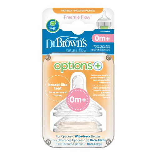 Zdjęcie produktu - 0 Dr Brown's Preemie 0m+ Smoczek do butelki Options+ z szeroką szyjką dla wcześniak&oacute;w, 2szt.