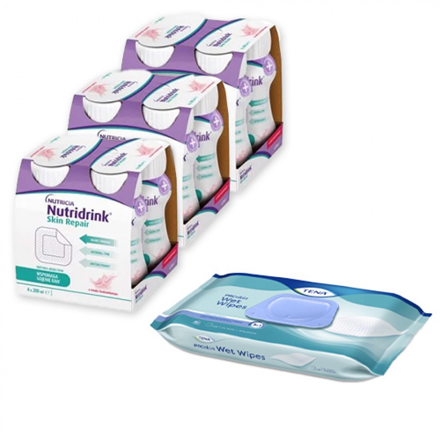 Miniaturka artykułu - #0 Zestaw 3x Nutridrink Skin Repair truskawka, 4x200ml + Chusteczki Tena ProSkin Wet wipes, 48szt.