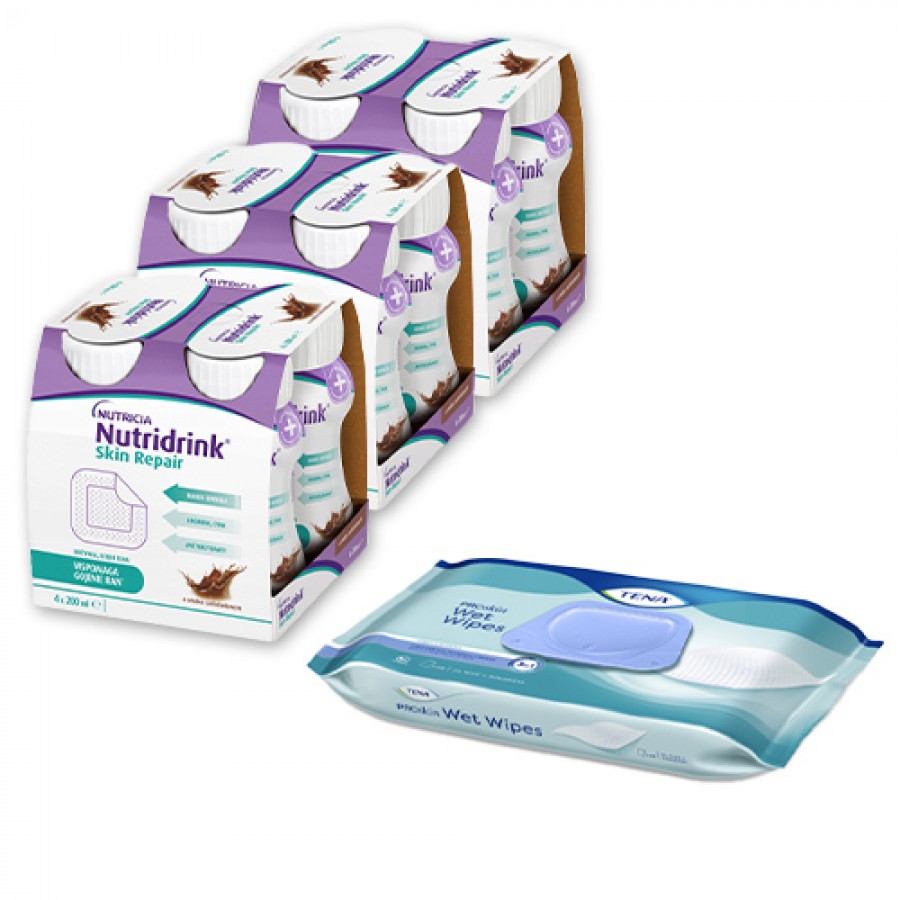 Miniaturka artykułu - #0 Zestaw 3x Nutridrink Skin Repair czekolada, 4x200ml + Chusteczki Tena ProSkin Wet wipes, 48szt.