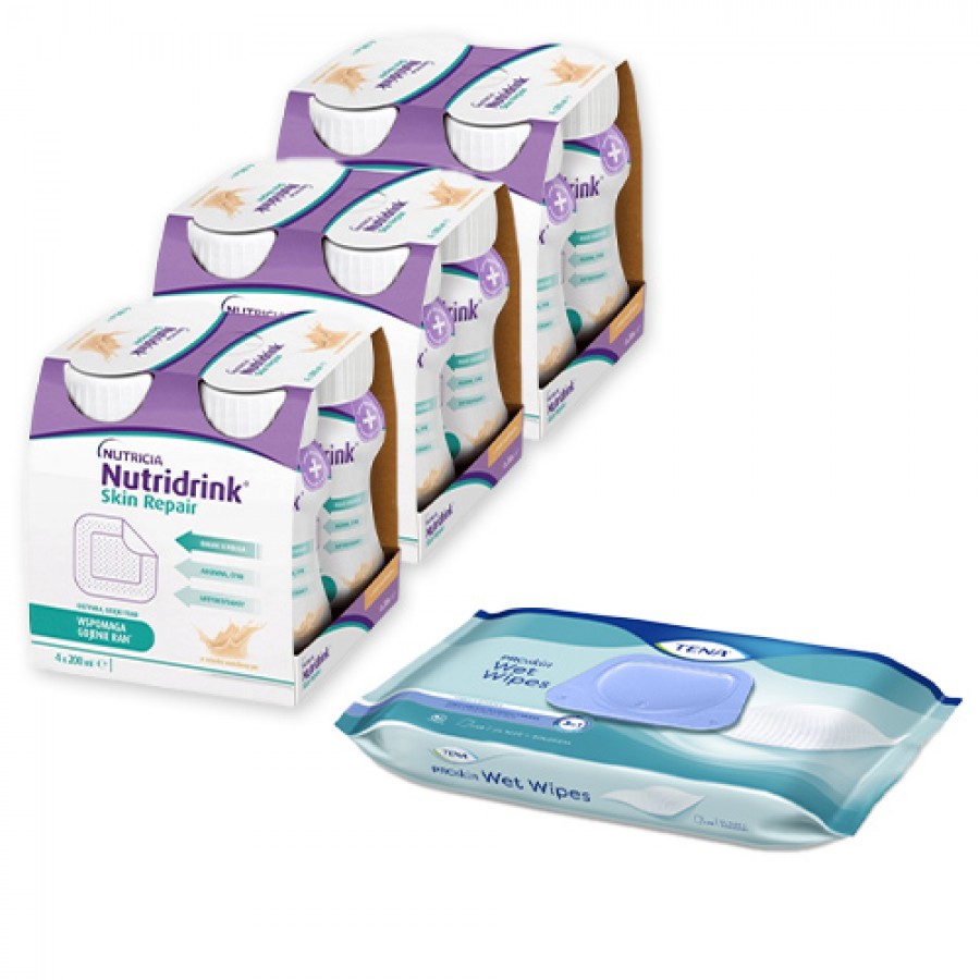 Miniaturka artykułu - #0 Zestaw 3x Nutridrink Skin Repair wanilia, 4x200ml + Chusteczki Tena ProSkin Wet wipes, 48szt.