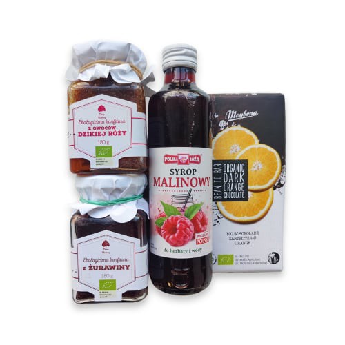 Zdjęcie produktu - 1 Zestaw Świąteczny Duży Dary Natury Konfitura z owoc&oacute;w dzikiej r&oacute;ży, 180g + konfitura z żurawiny, 180g + Syrop malinowy Polska R&oacute;ża, 250ml + czekolada, 100g