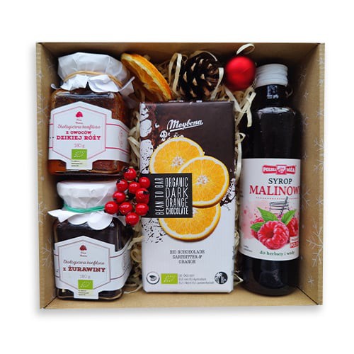 Zdjęcie produktu - 0 Zestaw Świąteczny Duży Dary Natury Konfitura z owoc&oacute;w dzikiej r&oacute;ży, 180g + konfitura z żurawiny, 180g + Syrop malinowy Polska R&oacute;ża, 250ml + czekolada, 100g