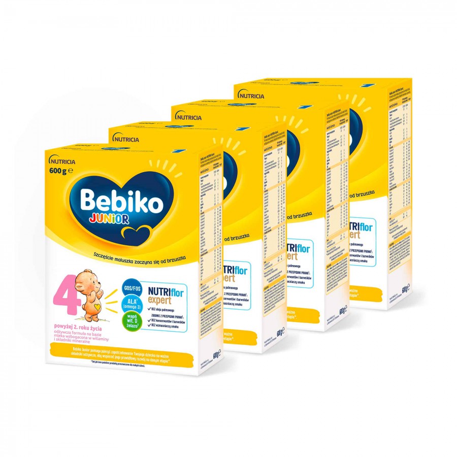 Miniaturka artykułu - #1 Zestaw Bebiko Junior 4 NUTRIflor Expert Odżywcza formuła na bazie mleka dla dzieci powyżej 2. roku życia, 4 x 600 g