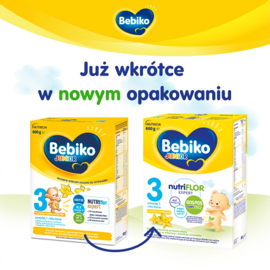 Miniaturka artykułu - #0 Zestaw Bebiko Junior 3 NUTRIflor Expert Odżywcza formuła na bazie mleka dla dzieci powyżej 1. roku o smaku waniliowym, 4 x 600 g