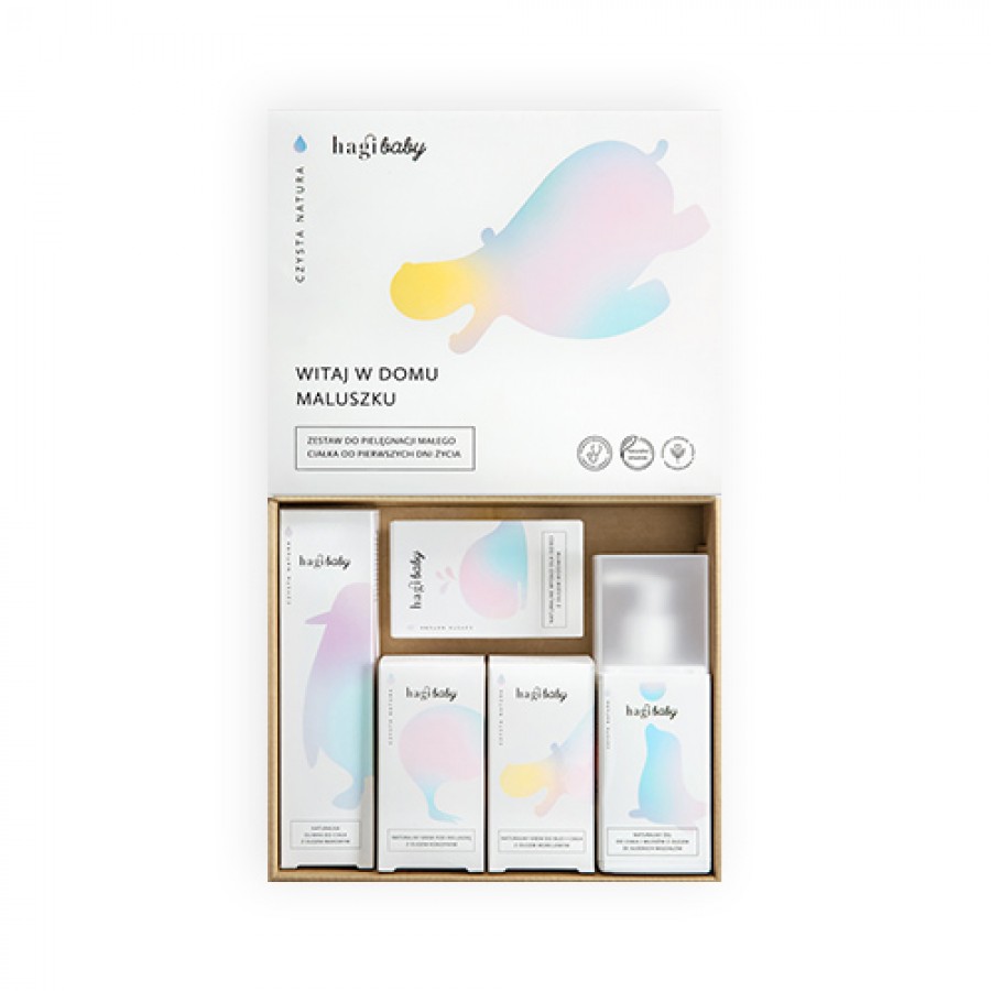 Miniaturka artykułu - #0 HAGI Baby Zestaw Witaj w domu Maluszku: Żel do ciała i włos&oacute;w 250 ml + Oliwka do ciała 150 ml + Mydło 100 g + Krem pod pieluszkę 50 ml + Krem do buzi i ciała 50 ml