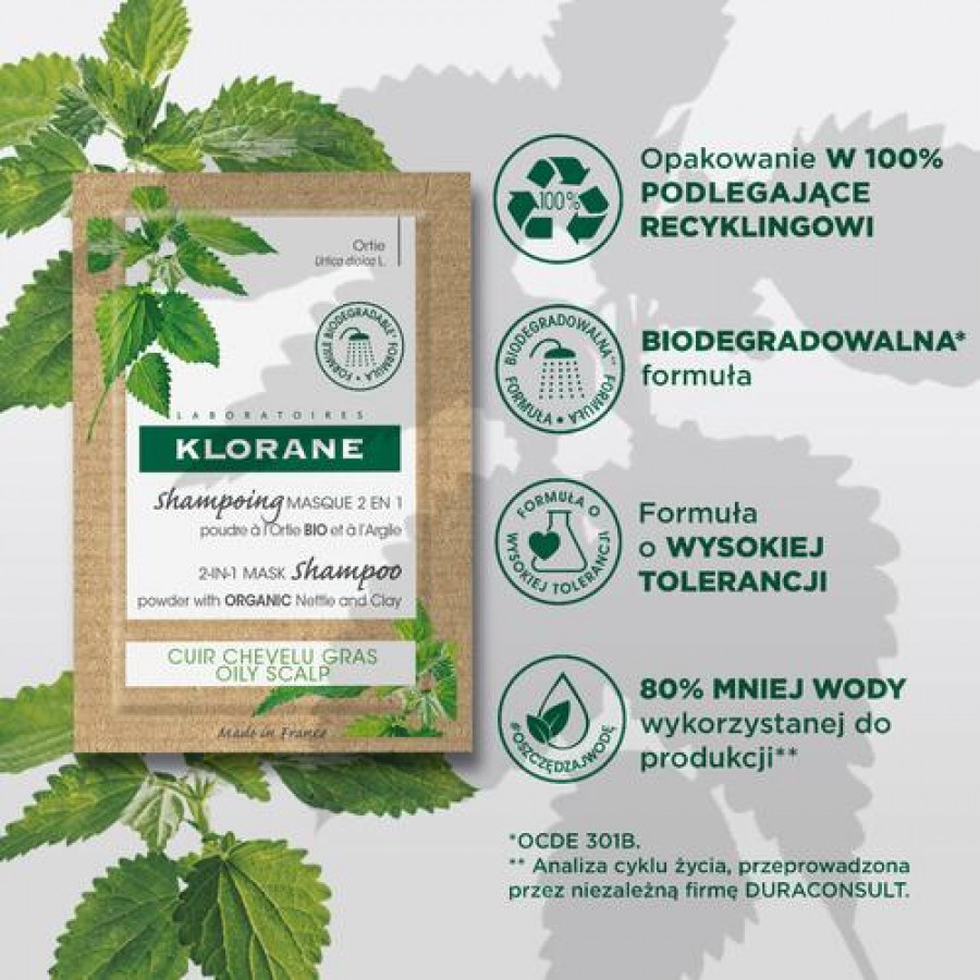 Miniaturka artykułu - #0 KLORANE Myjąca maska do włos&oacute;w w pudrze 2w1 z organiczną pokrzywą i glinką, 3g x 8sasz.