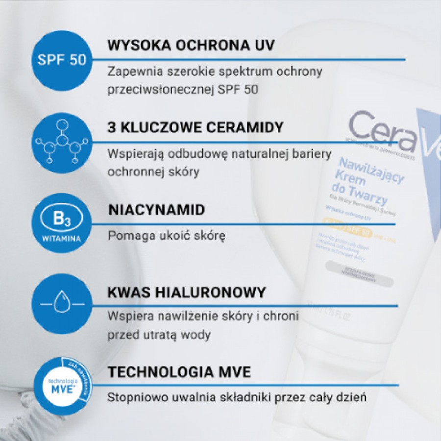 Miniaturka artykułu - #1 CeraVe Nawilżający krem do twarzy SPF50, 52 ml