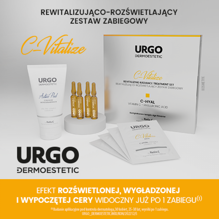 Miniaturka artykułu - #0 URGO DERMOESTETIC C-Vitalize Rewitalizująco-rozświetlający Zestaw Zabiegowy C-HYAL: Korundowy peeling aktywujący 50ml + Ampułka z serum 4x1ml + Maska do twarzy, szyi i dekoltu 4x2,5ml