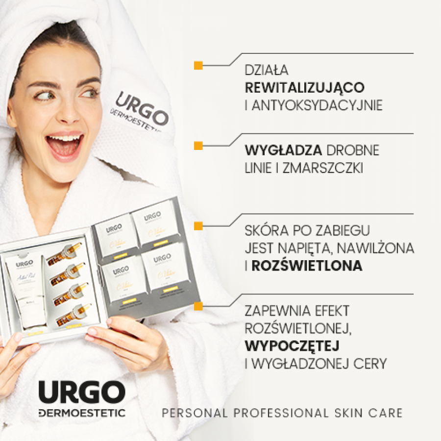 Zdjęcie produktu - 2 URGO DERMOESTETIC C-Vitalize Rewitalizująco-rozświetlający Zestaw Zabiegowy C-HYAL: Korundowy peeling aktywujący 50ml + Ampułka z serum 4x1ml + Maska do twarzy, szyi i dekoltu 4x2,5ml