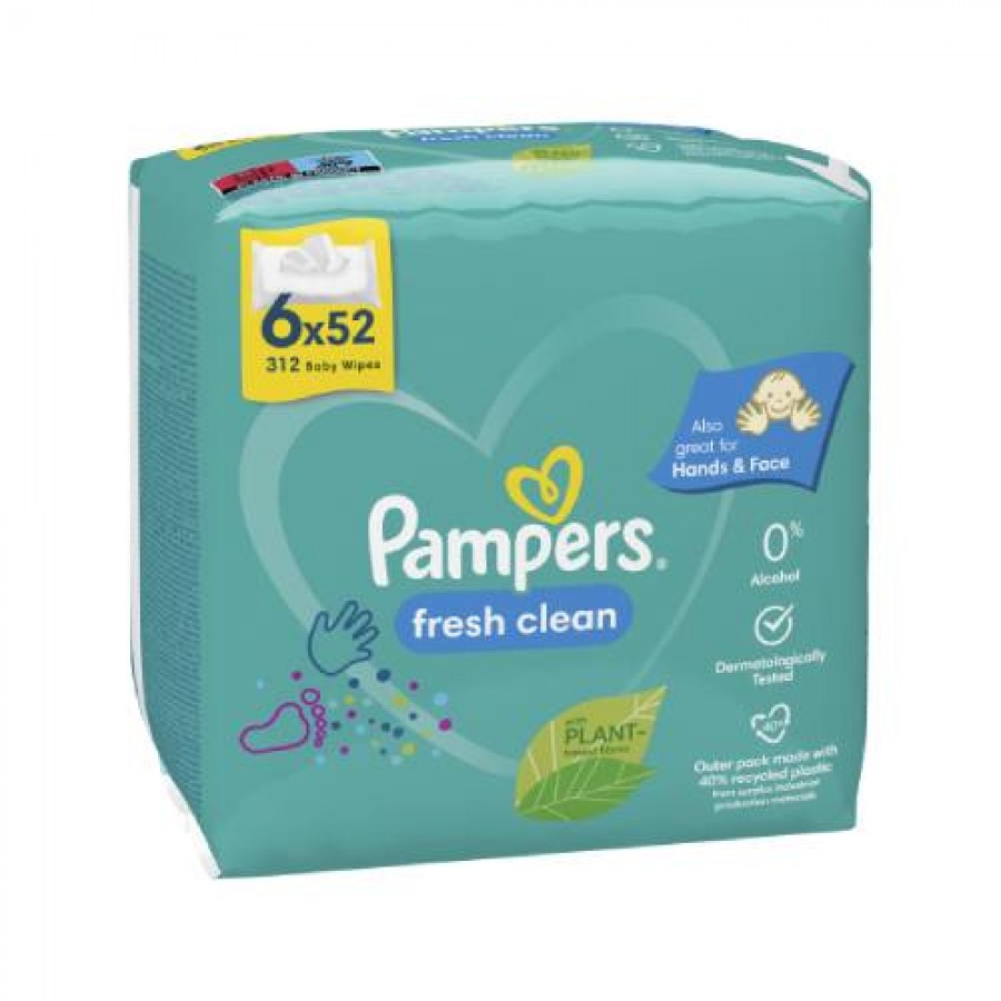 Miniaturka artykułu - #0 Pampers Fresh Clean Chusteczki nawilżane, 6x 52szt.