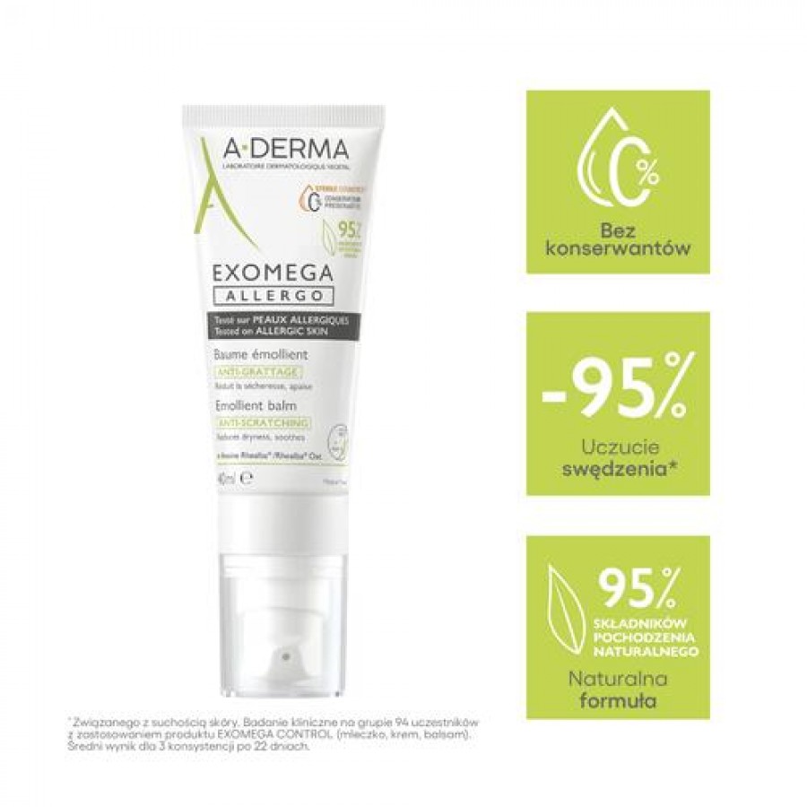 Miniaturka artykułu - #1 A-DERMA Exomega Allergo Emollient Balm Balsam, 40ml