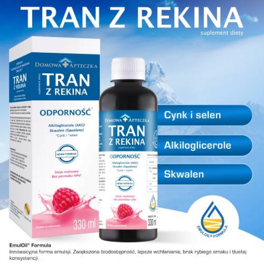 Miniaturka artykułu - #1 DOMOWA APTECZKA Tran z rekina o smaku malinowym, 330ml
