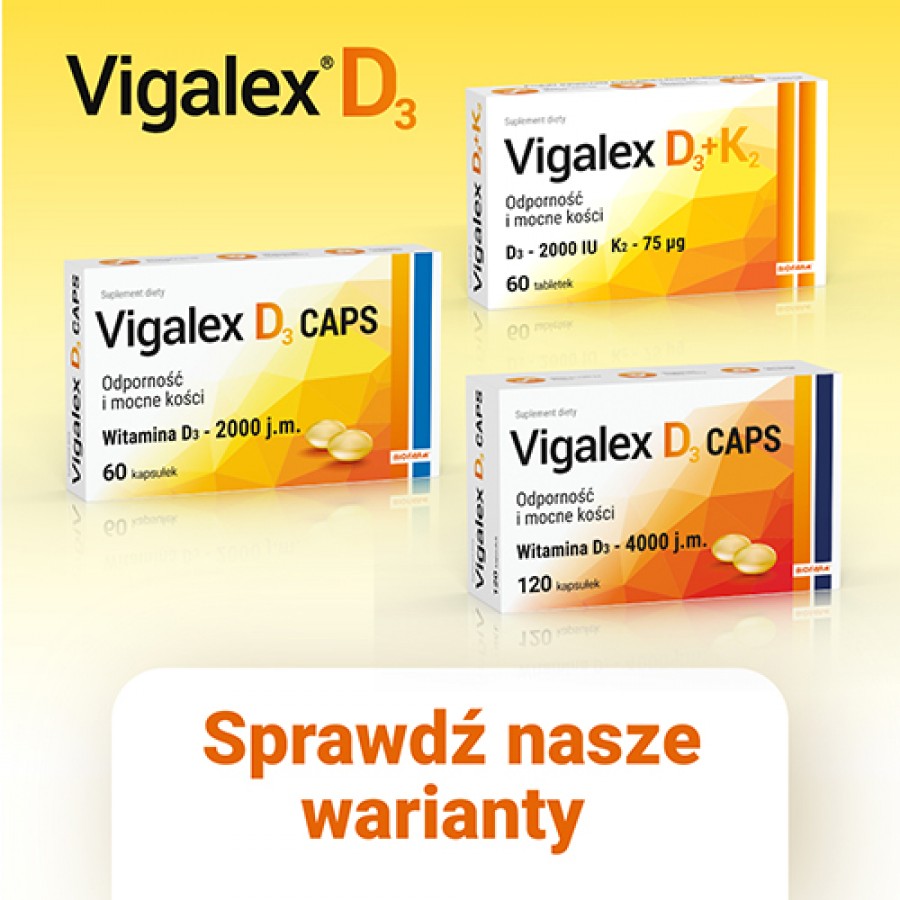 Zdjęcie produktu - 3 Vigalex D3 Caps 2000 j.m., 60kaps.  KR&Oacute;TKA DATA 30.11.2024