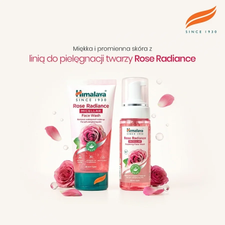 #4 – HIMALAYA Micelarna Pianka do mycia twarzy rozświetlająca z R&oacute;żą Organiczną, 150ml