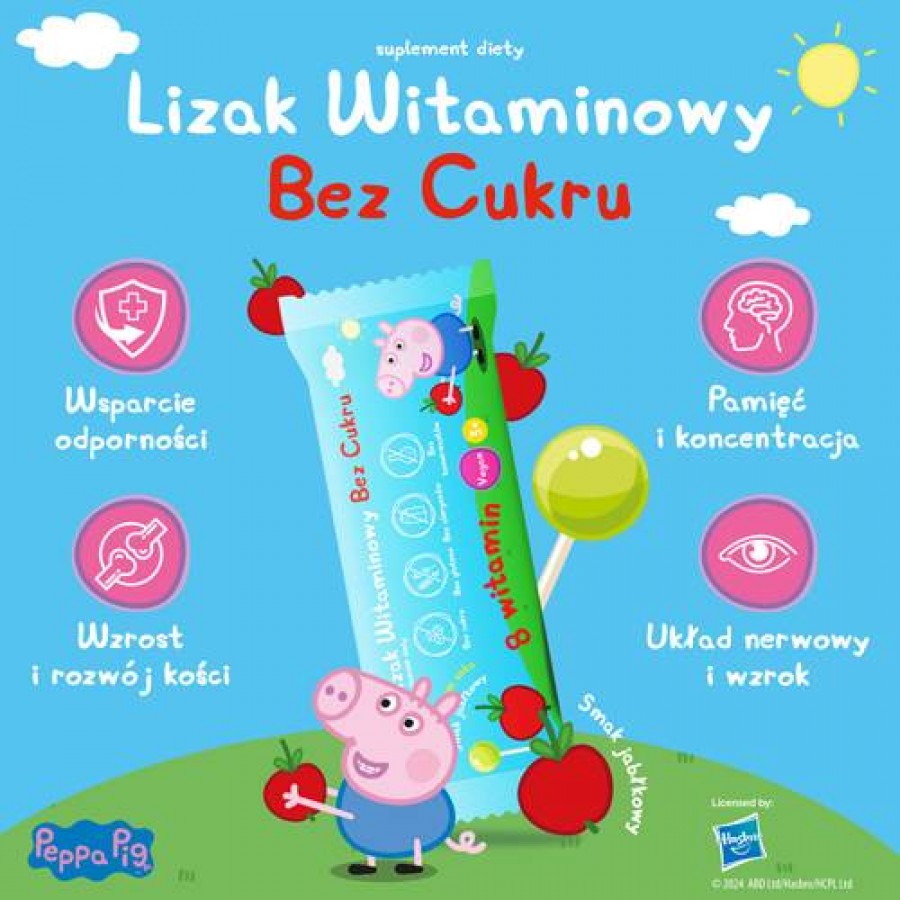 Zdjęcie produktu - 2 DOMOWA APTECZKA Vitamin Lollipops Peppa Pig Lizak jabłkowy, 1 szt.
