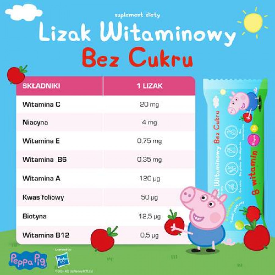 Zdjęcie produktu - 3 DOMOWA APTECZKA Vitamin Lollipops Peppa Pig Lizak jabłkowy, 1 szt.