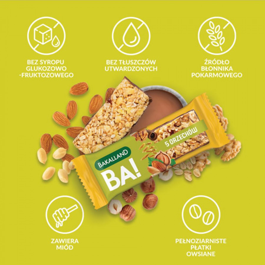 Zdjęcie produktu - 2 BAKALLAND BA! Baton 5 orzech&oacute;w, 40g
