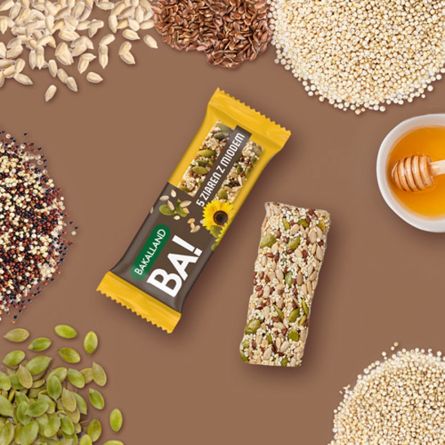 Zdjęcie produktu - 0 BAKALLAND BA! Baton 5 ziaren z miodem, 40g