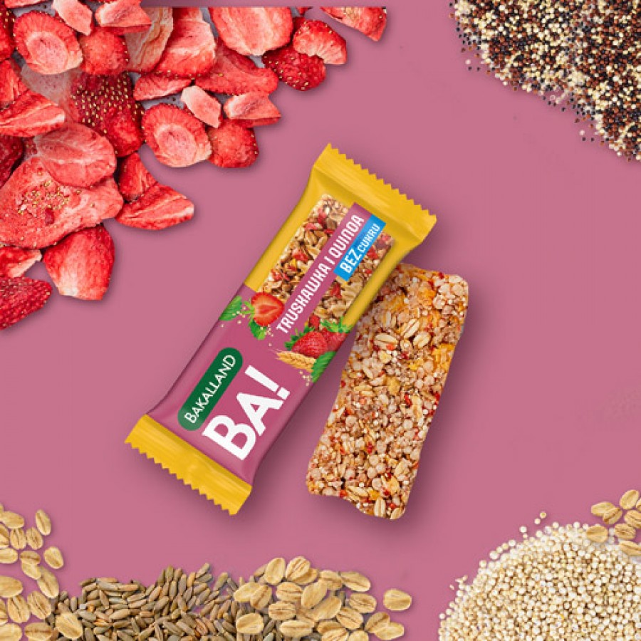 Zdjęcie produktu - 0 BAKALLAND BA! Baton 5 zb&oacute;ż Truskawka i Quinoa zero cukru, 30g