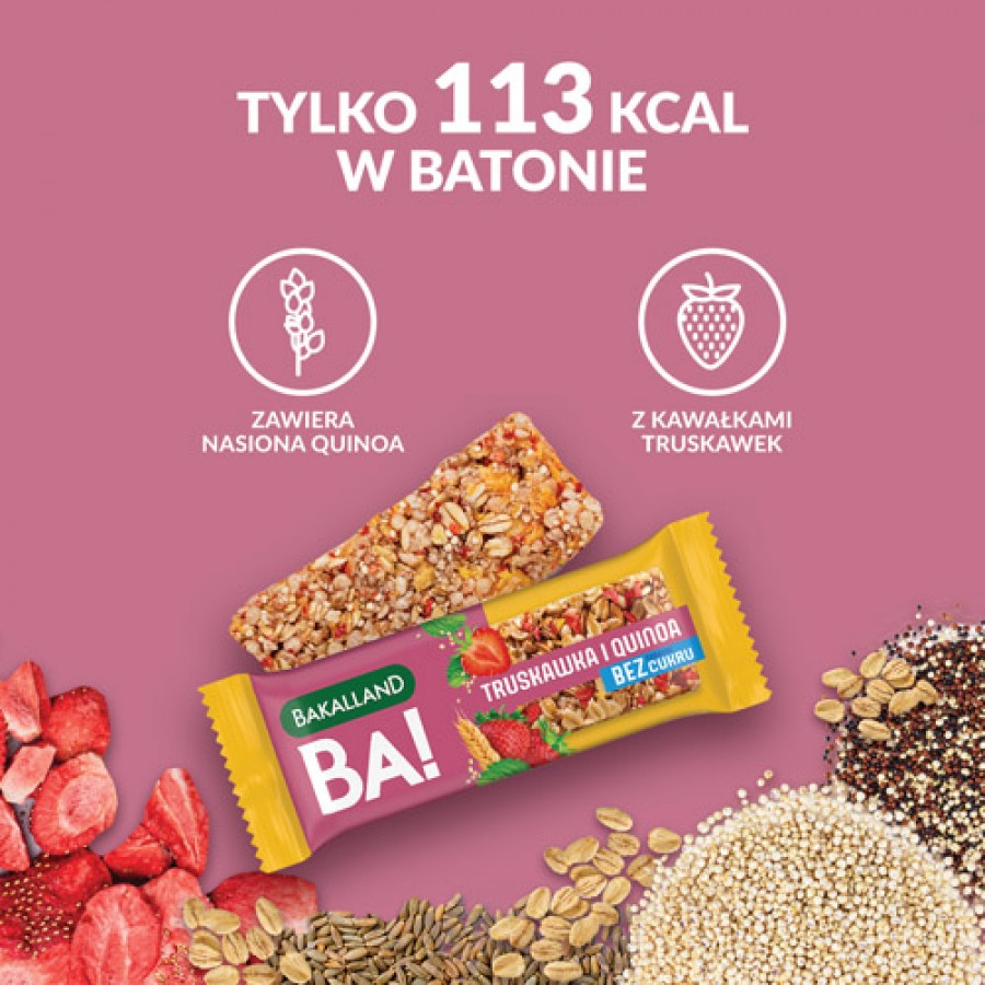 Zdjęcie produktu - 3 BAKALLAND BA! Baton 5 zb&oacute;ż Truskawka i Quinoa zero cukru, 30g