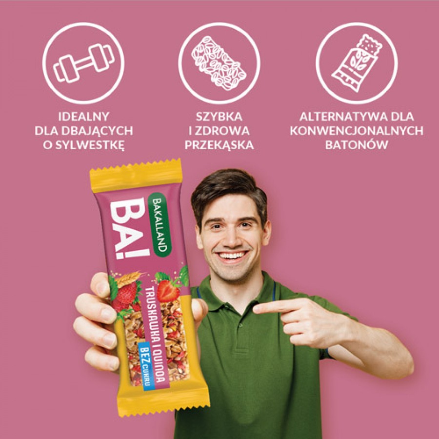 Zdjęcie produktu - 4 BAKALLAND BA! Baton 5 zb&oacute;ż Truskawka i Quinoa zero cukru, 30g