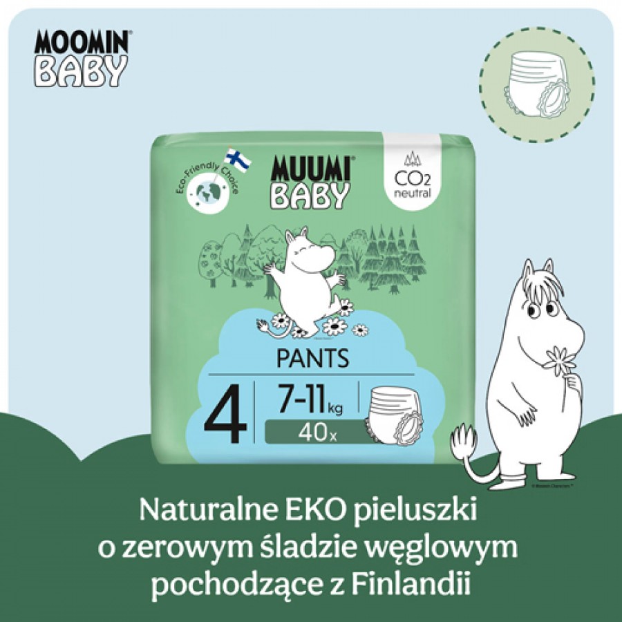 Miniaturka artykułu - #0 Muumi Baby Pants Pieluchomajtki 4 (7-11 kg), 40 szt.