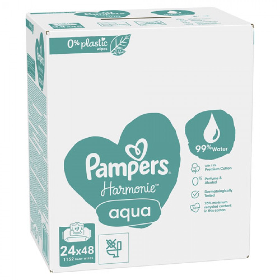Zdjęcie produktu - 4 Pampers Harmonie Aqua Chusteczki nawilżane dla dzieci, 24x48szt.