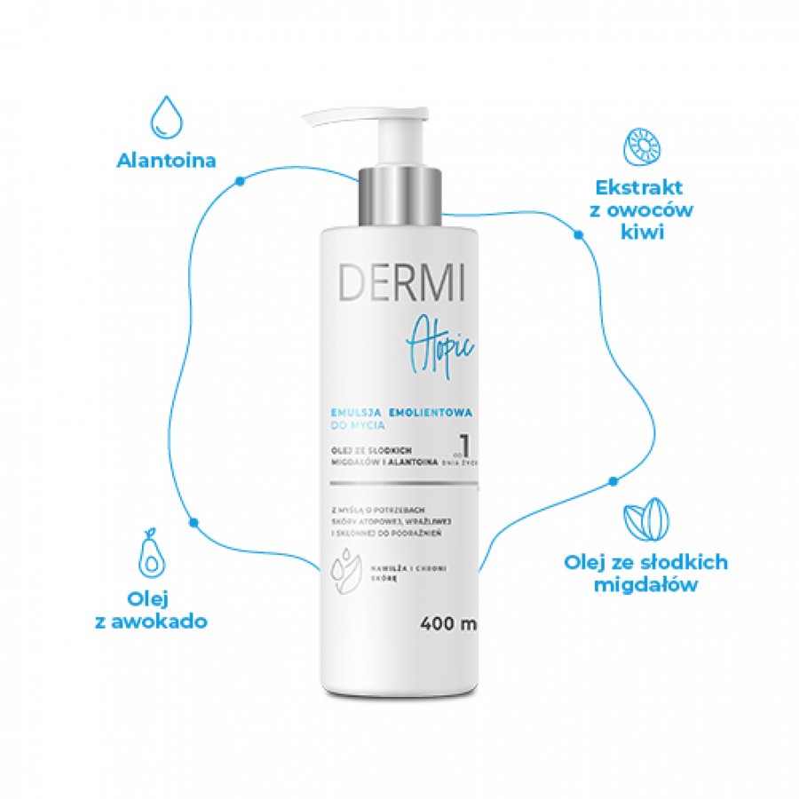 Zdjęcie produktu - 2 DERMI Atopic Emulsja emolientowa do mycia sk&oacute;ry atopowej, wrażliwej i alergicznej, 400 ml