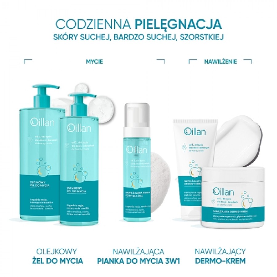 Zdjęcie produktu - 3 OILLAN Nawilżająca pianka 3w1 do mycia twarzy, ciała i włos&oacute;w, 200ml