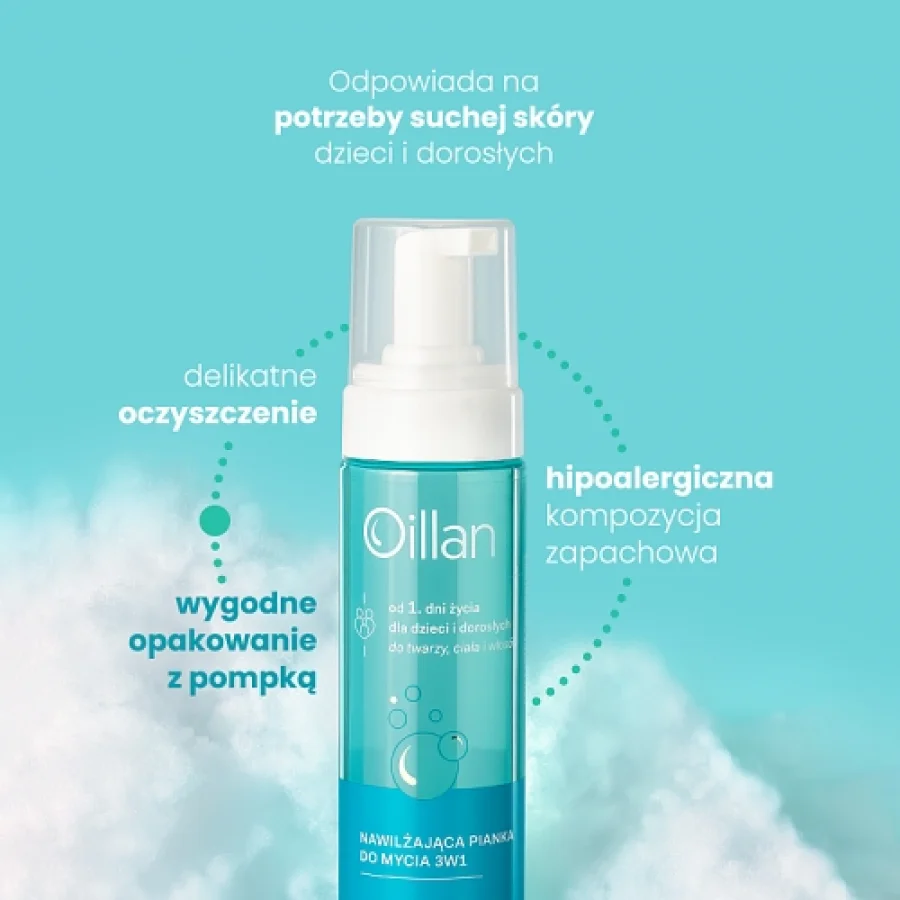 #1 – OILLAN Nawilżająca pianka 3w1 do mycia twarzy, ciała i włos&oacute;w, 200ml