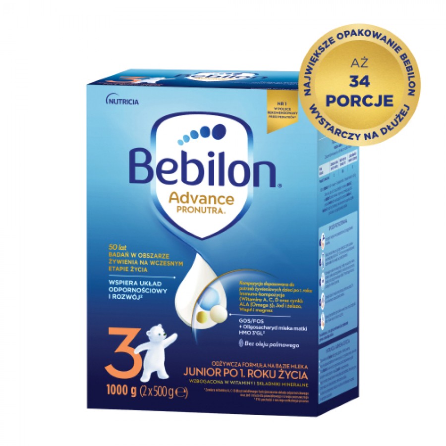 Miniaturka artykułu - #1 Zestaw Bebilon 3 Pronutra Advance Junior Formuła na bazie mleka po 1. roku życia, 3x1000g