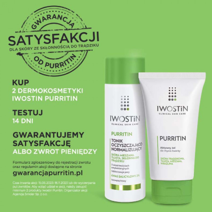 Miniaturka artykułu - #0 Zestaw Iwostin Purritin: Aktywny żel do mycia twarzy, 150ml + Tonik oczyszczająco-normalizujący, 200ml